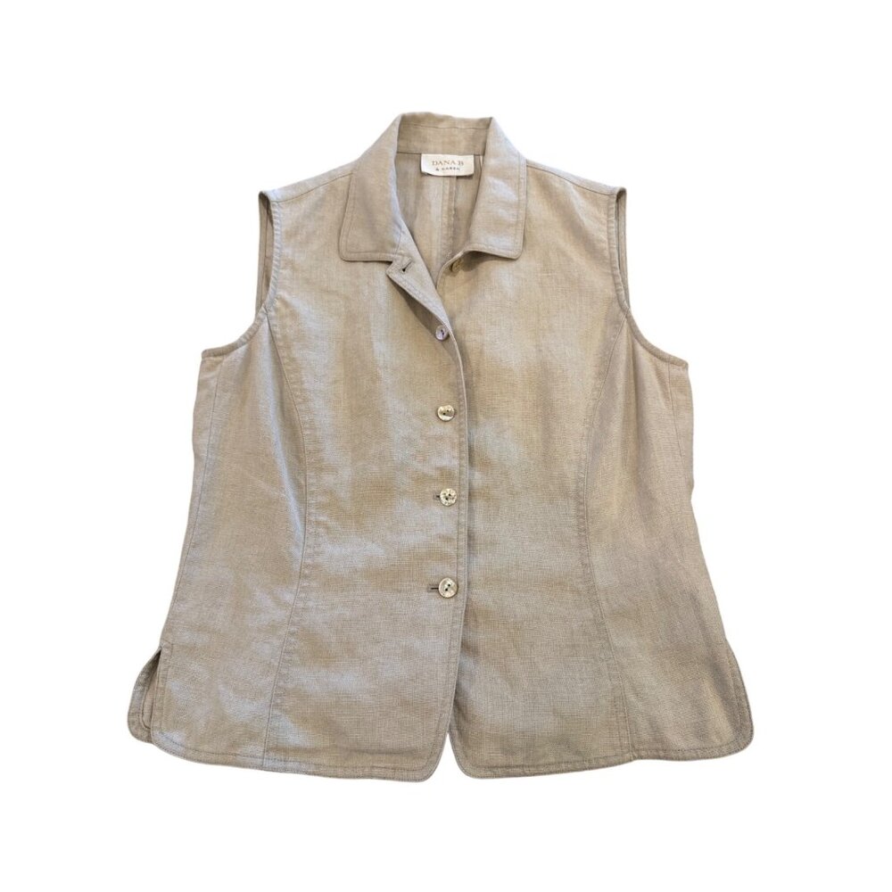 Dana B & Karen Beige Linen Button-Front Sleeveless Womens Vest Size B Lightweigh